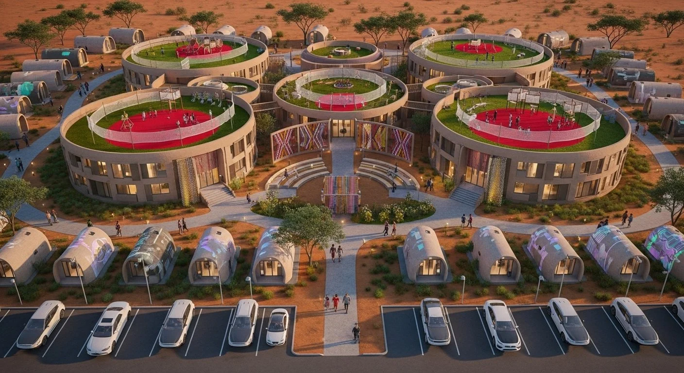 A modern residential complex with multiple circular buildings featuring green roofs, sports courts, and surrounding smaller dome-shaped structures in a desert landscape.