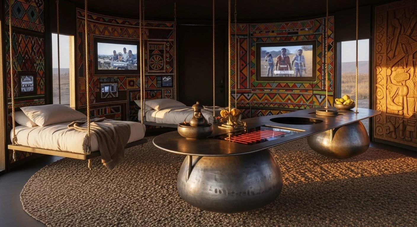 Interior of a room with tribal patterned walls, two beds hanging from the ceiling, a large central table with a metallic base, and windows showing an outdoor landscape.