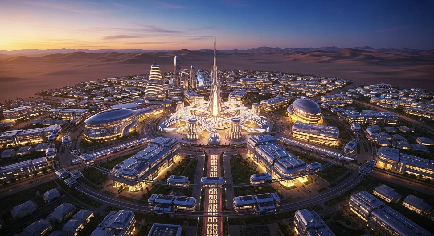 A futuristic city with towering skyscrapers, circular and oval-shaped buildings, elevated roads, and transportation modules, illuminated at sunset or dusk, surrounded by desert landscape.
