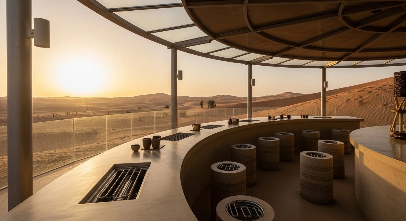 Inside a modern bar or lounge area with a curved counter and stools, overlooking a desert landscape at sunset.