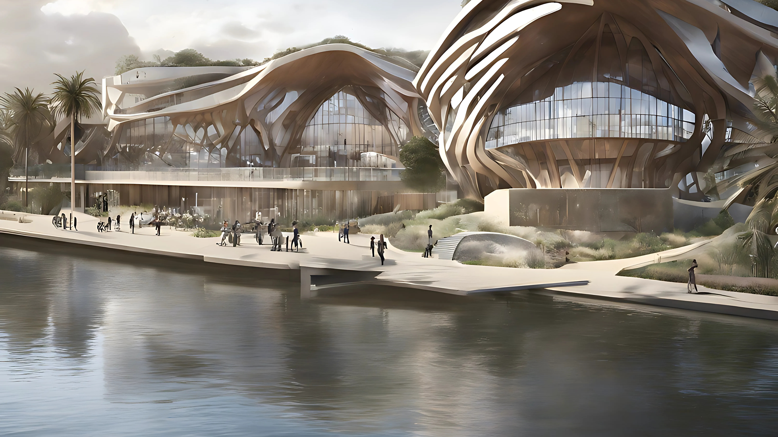 A futuristic architectural building complex by a water body with people walking along the path, featuring organic, flowing shapes and large glass windows.