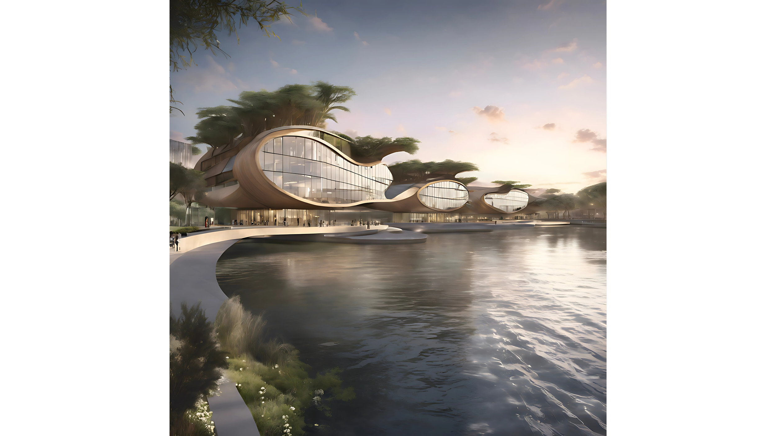 Futuristic modern building with rounded, organic shapes, large glass windows, situated by a river with a pathway along the water, trees, and a sunset sky.