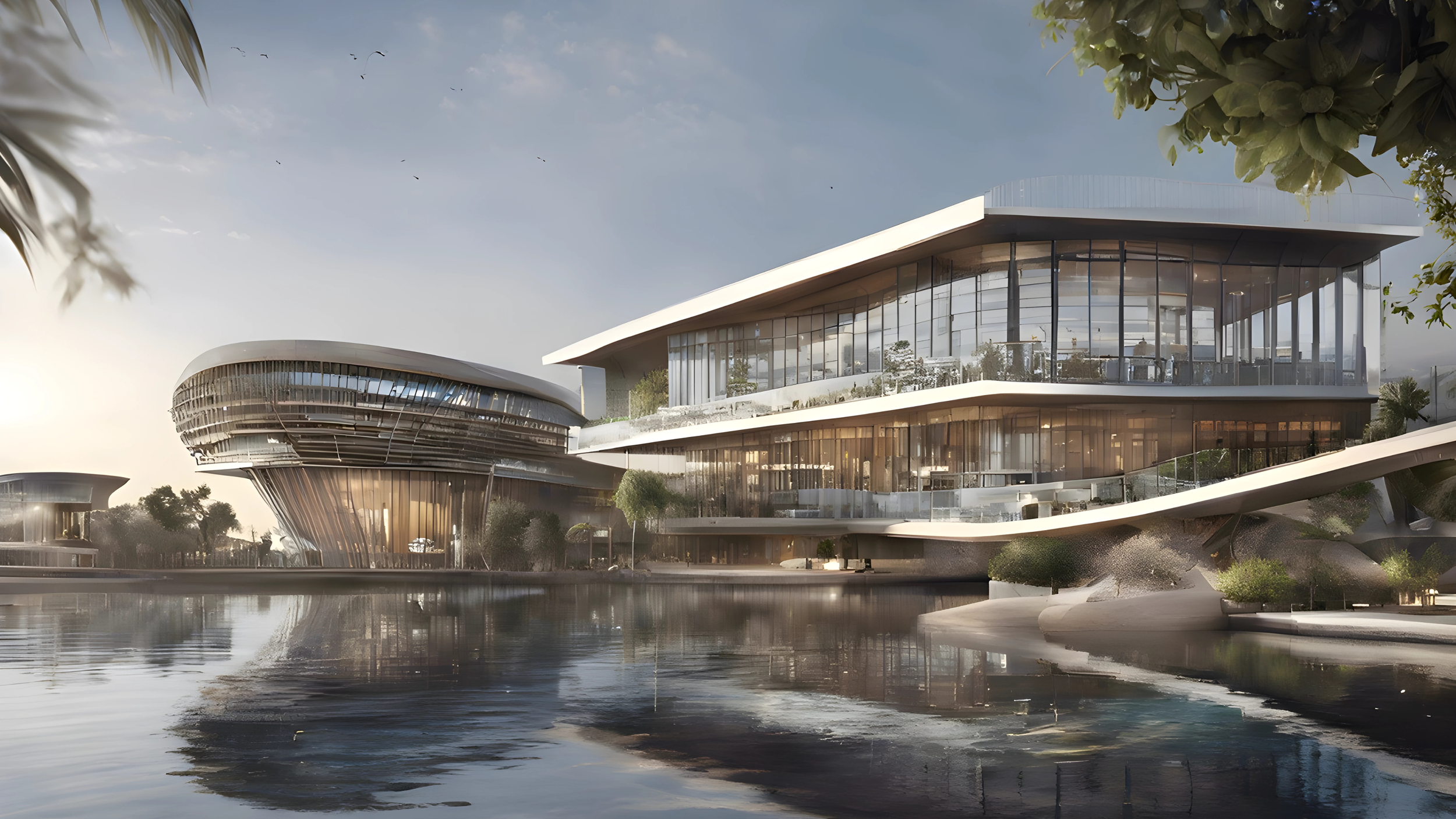 A modern architectural building complex with curved glass and white roof structures beside a reflective water body.