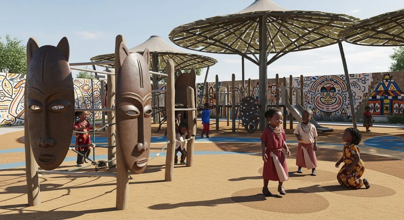 Children playing at a colorful outdoor playground with face masks sculptures and mural art.