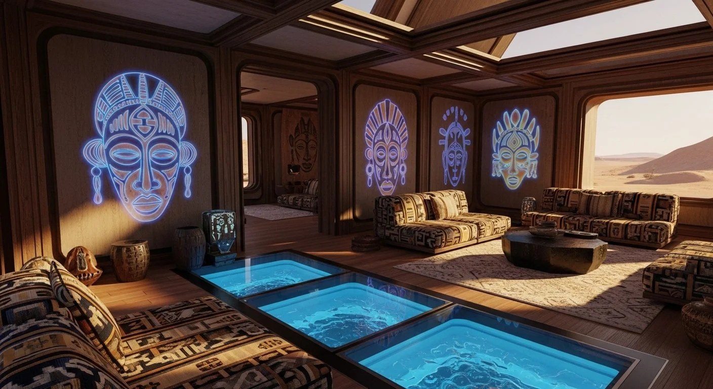 Interior of a wooden lounge with neon tribal face art walls, cozy patterned sofas, and a built-in hot tub with blue lighting, overlooking a desert landscape.