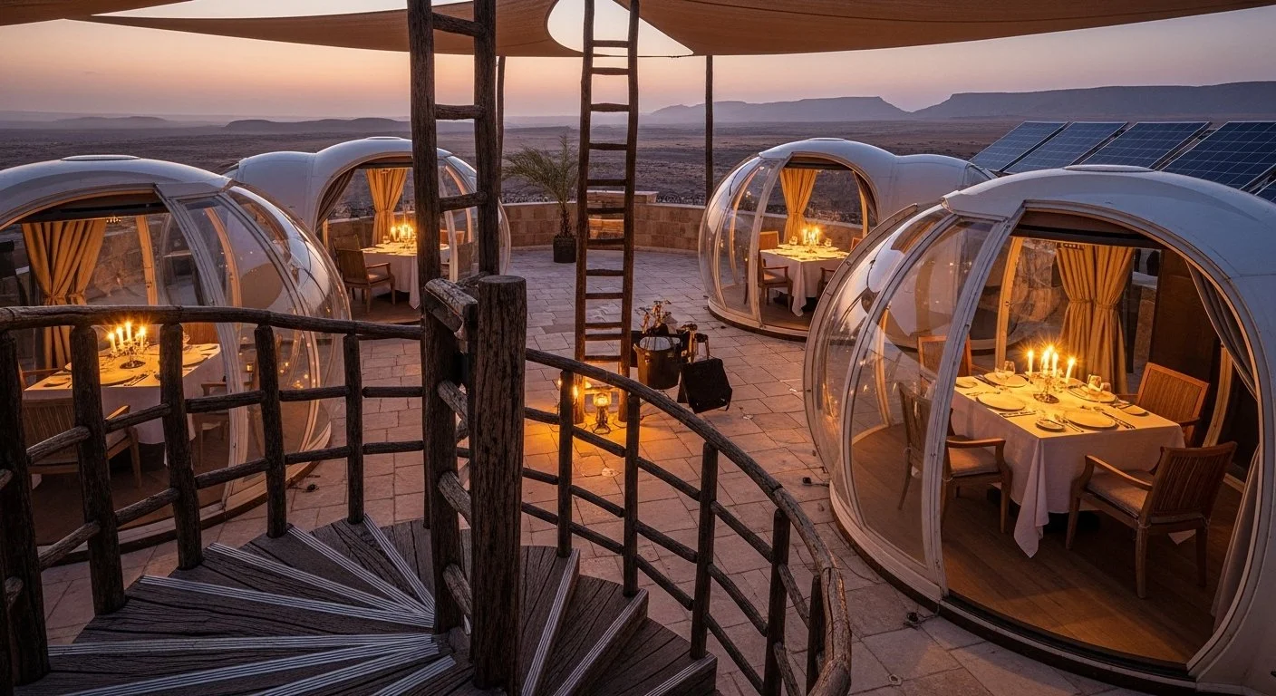 Luxury outdoor dining area with dome-shaped glass tents, each with a dinner table set with candles, on a stone patio at sunset in a desert landscape.