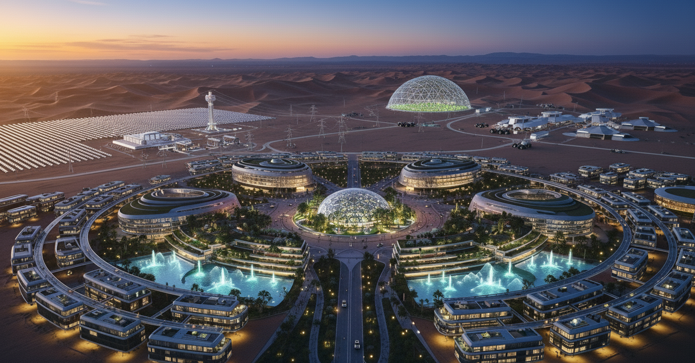 Futuristic city with circular layout, multiple dome structures, water fountains, and surrounding buildings, set in a desert landscape at sunset.
