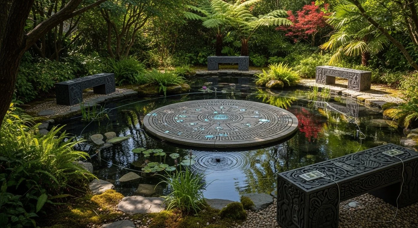 A serene Japanese-style garden with a pond featuring a circular engraved stone at the center, surrounded by lush greenery, ferns, rocks, and two stone benches.