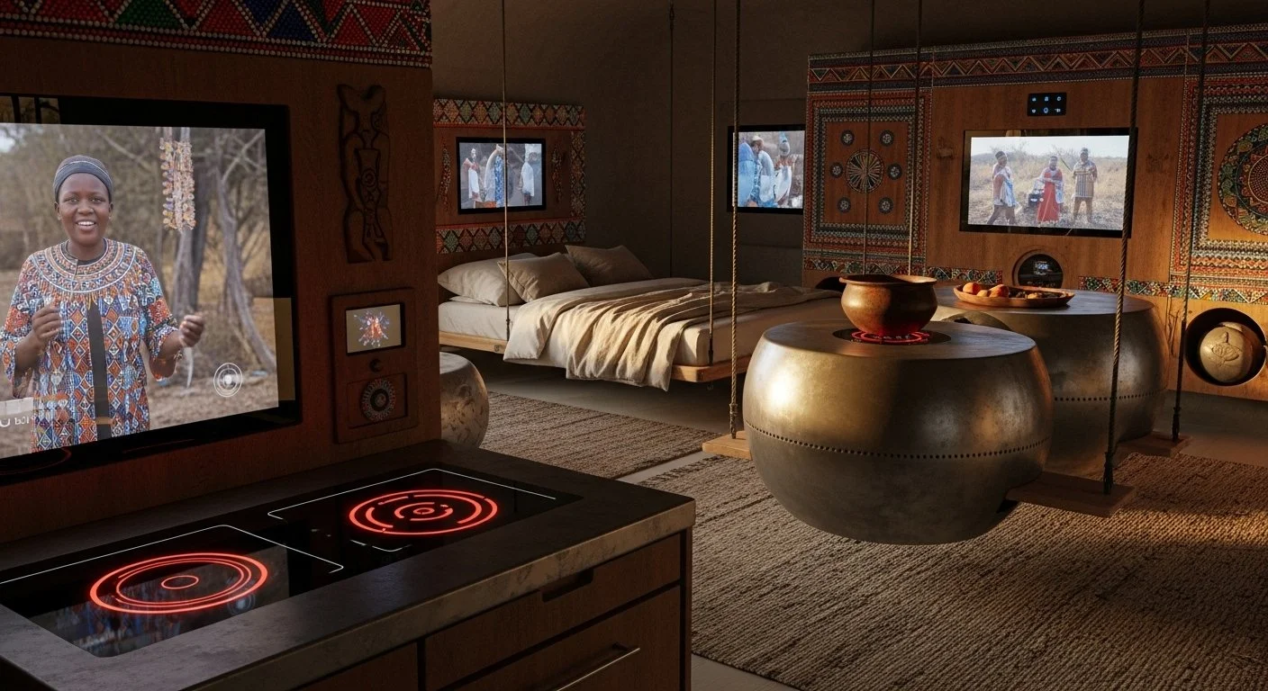 Interior of a safari safari-themed hotel room with wooden walls decorated with traditional African art, a bed with beige bedding, a flat-screen TV displaying a woman in traditional African attire, and two large round metallic hanging swings with a bo