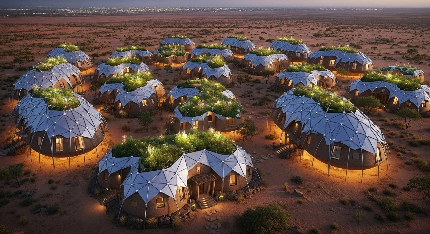 A cluster of geodesic dome structures with illuminated rooftops, surrounded by desert terrain at dusk.