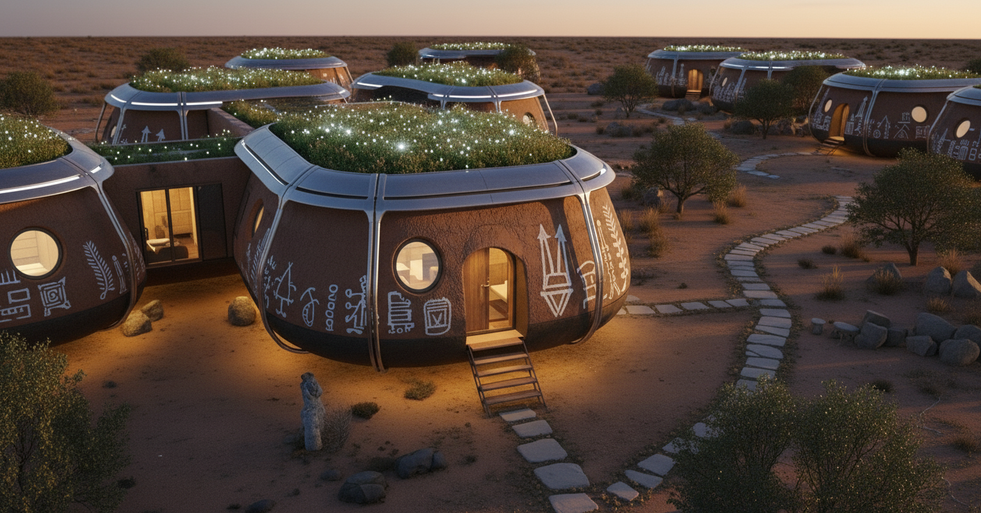 A group of futuristic, pod-shaped homes with rounded windows and decorated exterior walls, situated in a desert landscape at sunset, with winding stone paths, small trees, and illuminated rooftops covered with glowing lights.