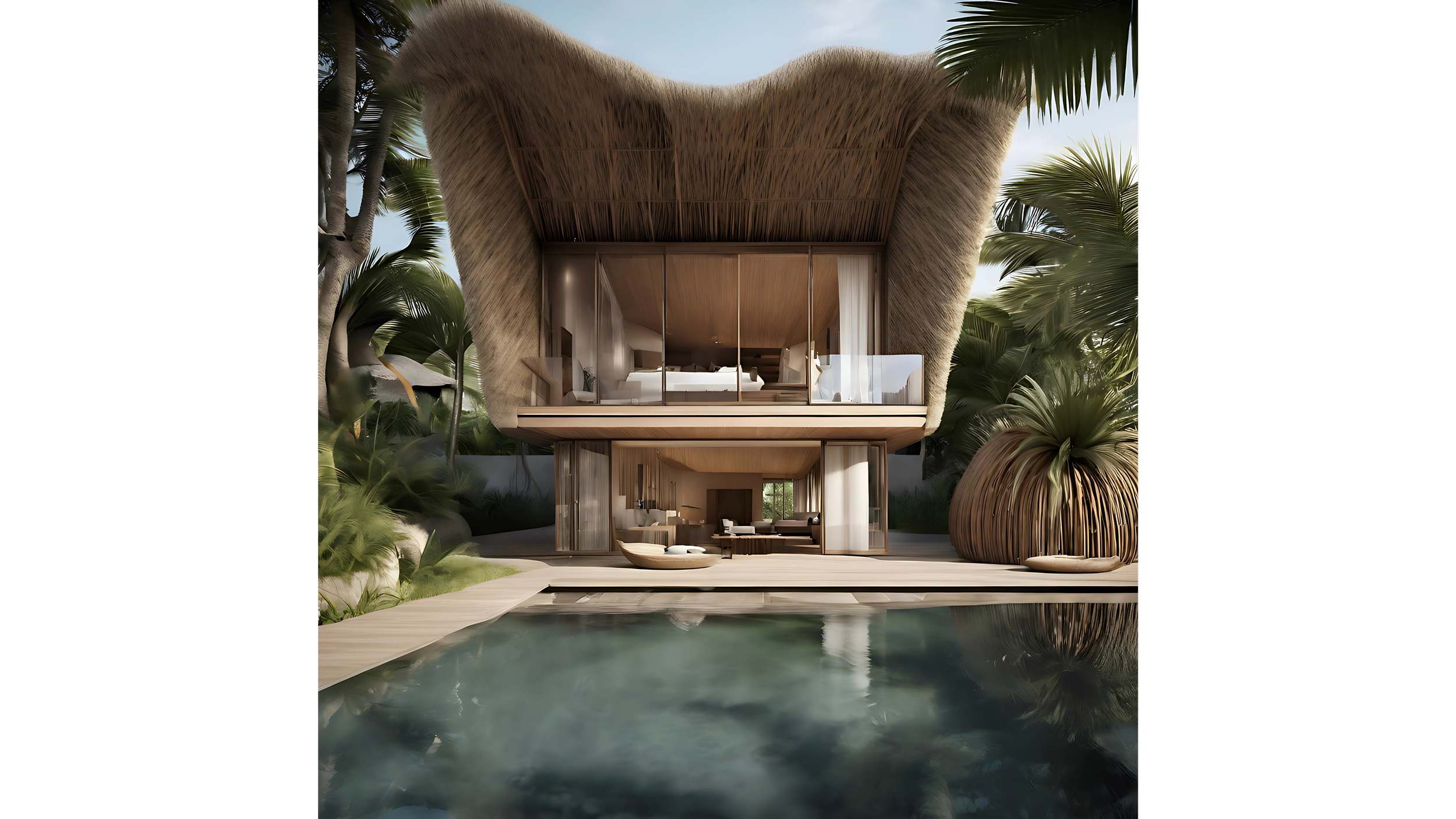 A modern house with a thatch roof, glass walls, and outdoor seating area surrounded by lush tropical plants and a pool in the foreground.