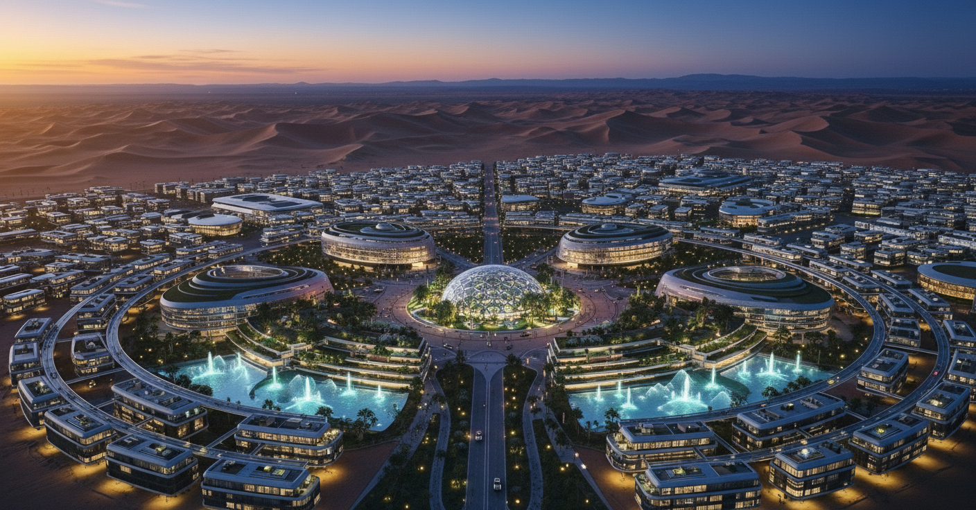 A futuristic cityscape at dusk with circular buildings, green spaces, fountains, and a central glass dome, set against desert dunes in the background.