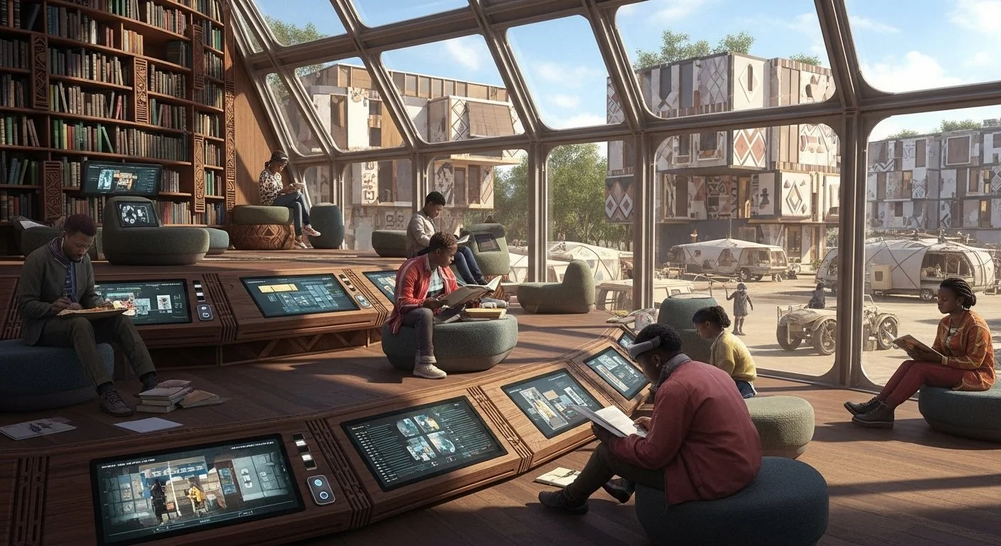 People sitting on cushions in a modern library or learning space with large glass windows, reading books or using touchscreen computers. Outside, futuristic buildings and vehicles are visible.