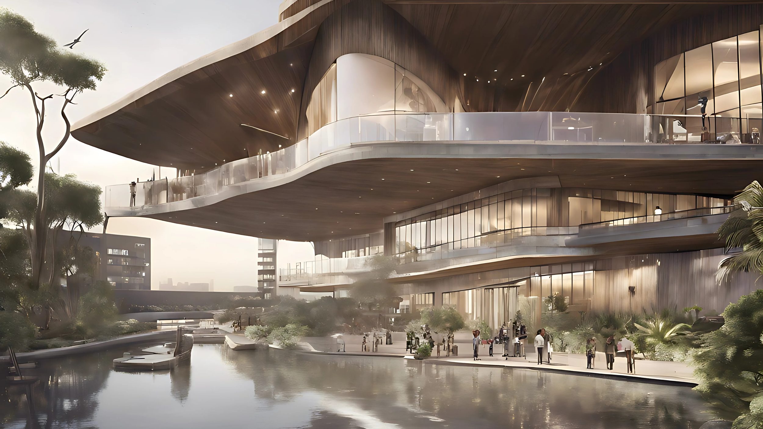 A modern architectural building with curved, multi-level wooden decks and extensive glass windows, surrounded by trees and water reflecting the structure, with people walking and enjoying the outdoor area.