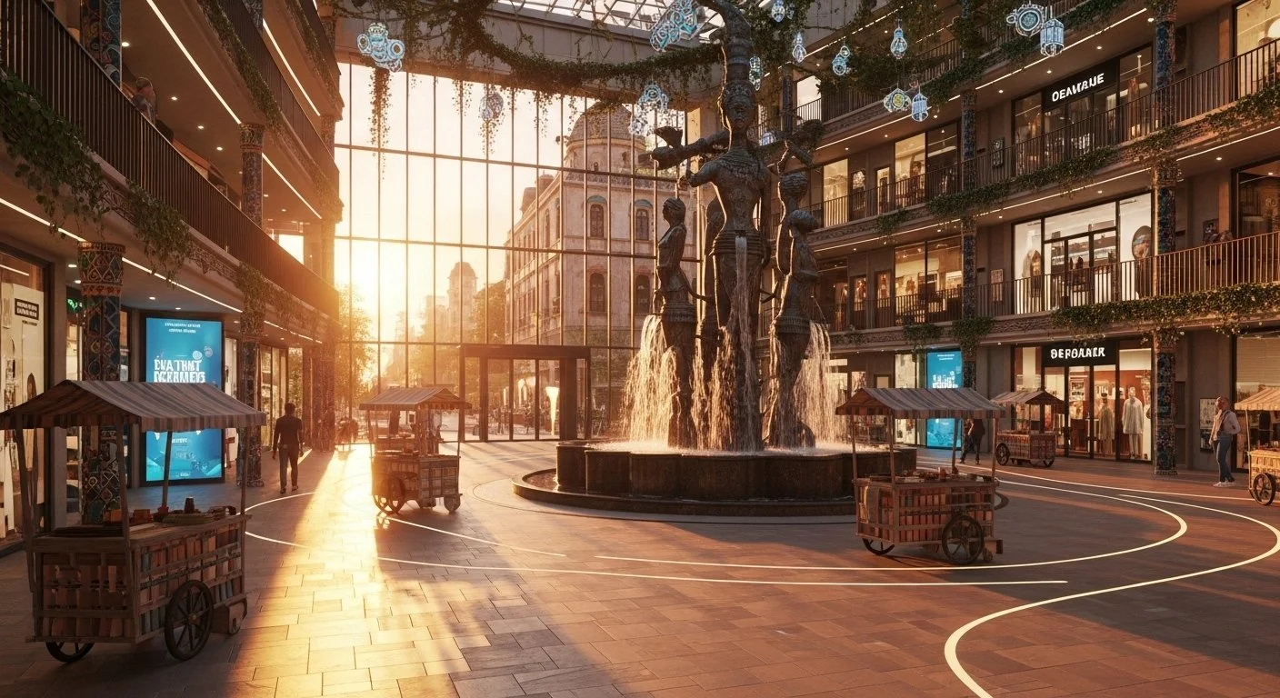 An outdoor shopping center during sunset with a large fountain featuring a sculpture of children around a tree in the center. There are small vendor carts and people shopping or walking around. The buildings have multiple floors with balconies and st