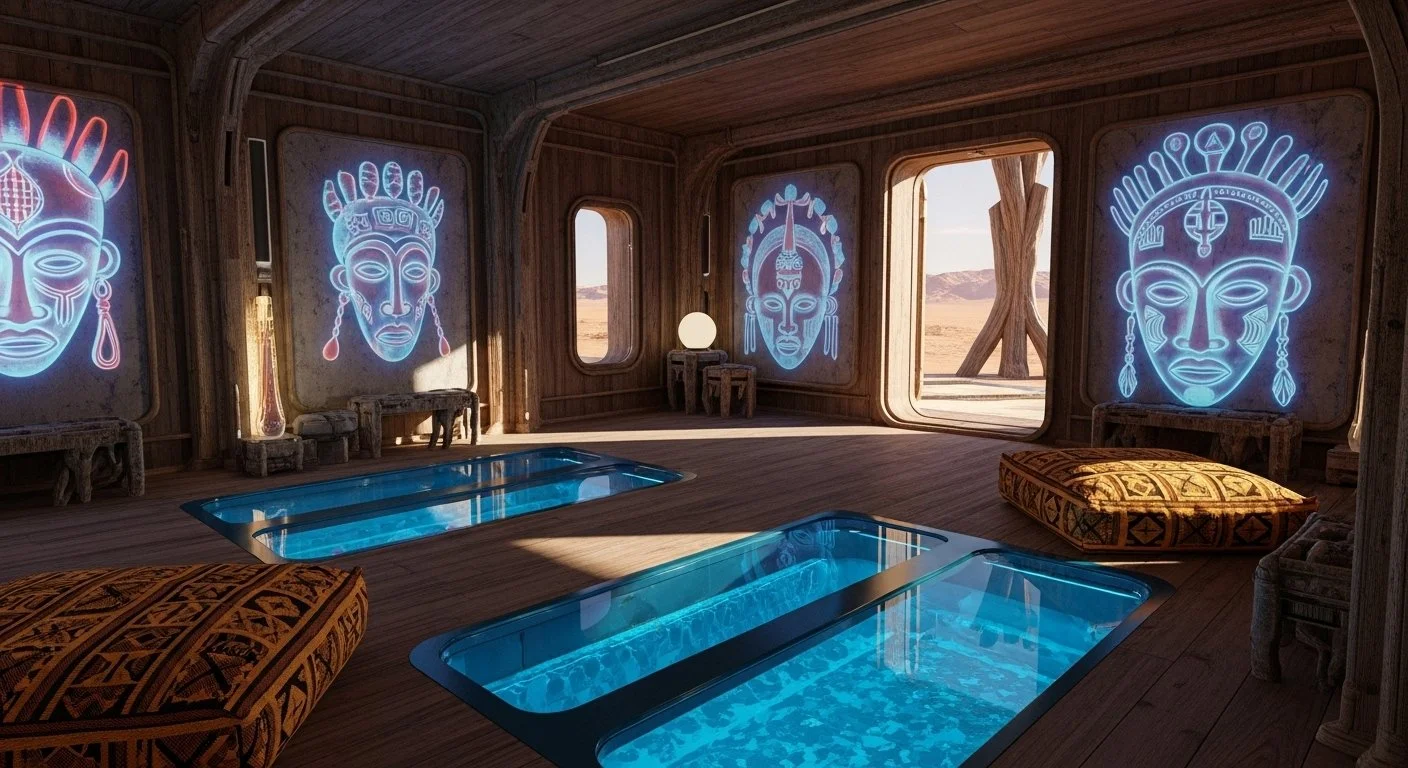 Interior of a room with wooden walls and floor, two illuminated pools of water, and tribal-themed blue neon art on the walls depicting faces with headdresses. There are small tables, stools, cushions, and large open windows revealing a desert landsca