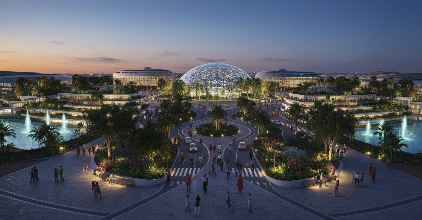 A modern cityscape at dusk featuring a large glass dome structure, surrounded by water fountains, landscaped gardens, and people walking along pathways.