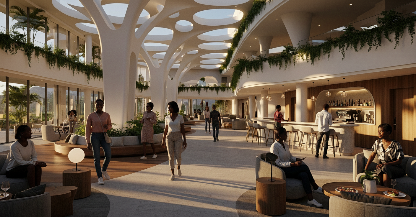Interior of a modern, stylish lounge or hotel bar with large glass windows, white tree-like architectural columns, greenery, and a bar counter serving drinks. People are sitting, walking, and socializing in the space.