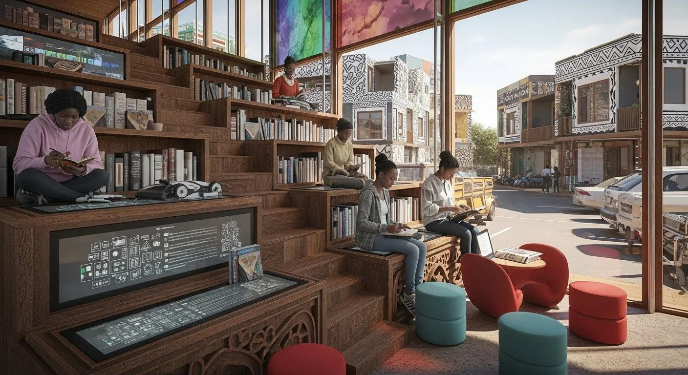 People reading books in a modern, multi-level bookstore with large windows and a view of city buildings outside.