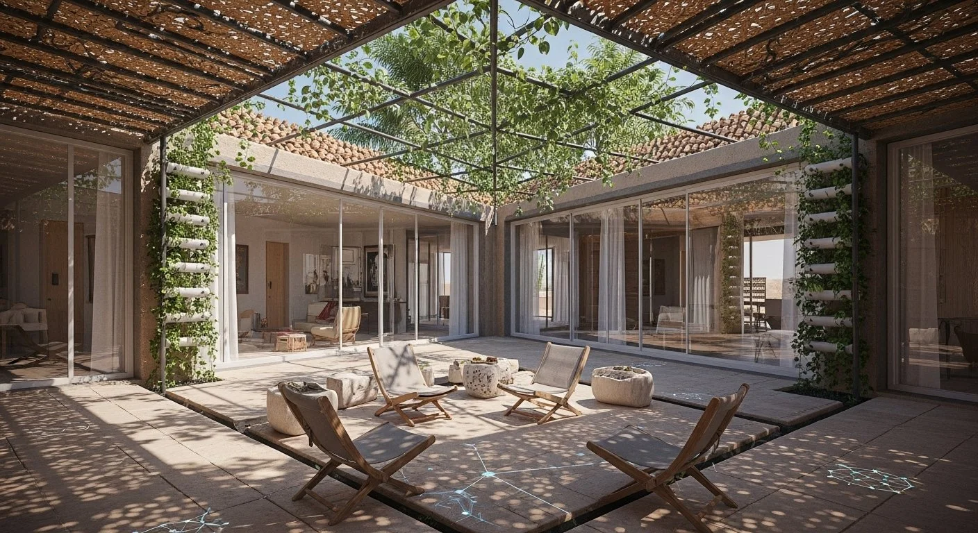 A modern outdoor patio with a shaded pergola, surrounded by sliding glass doors leading into a house. The patio has four wooden lounge chairs, several stone stools, and a small table, with shadows from the pergola creating a pattern on the tiled floo