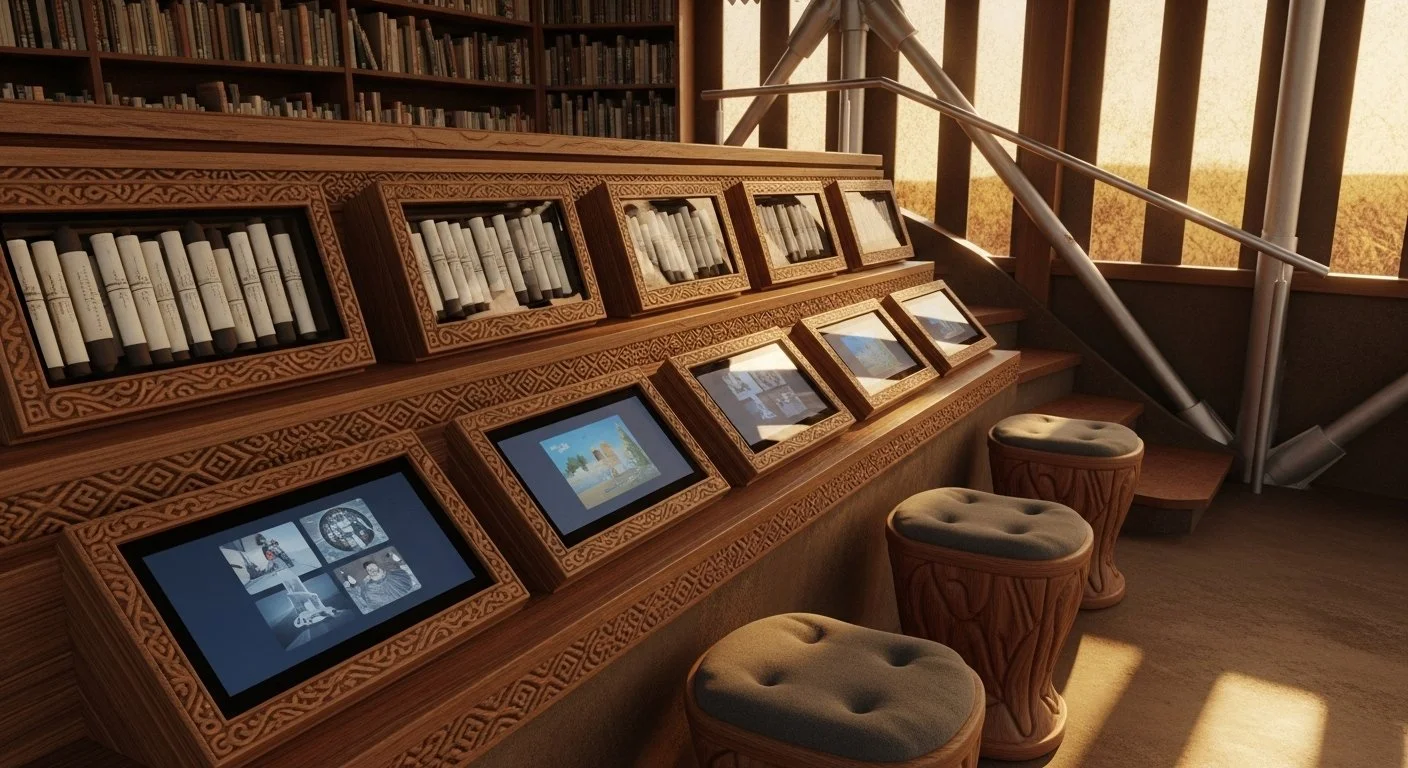 A wooden wall with bookshelves filled with white rolled-up scrolls in the background. In front, there is a wooden display with framed photographs and digital screens showing images. There are three beige upholstered stools with carved wooden bases in