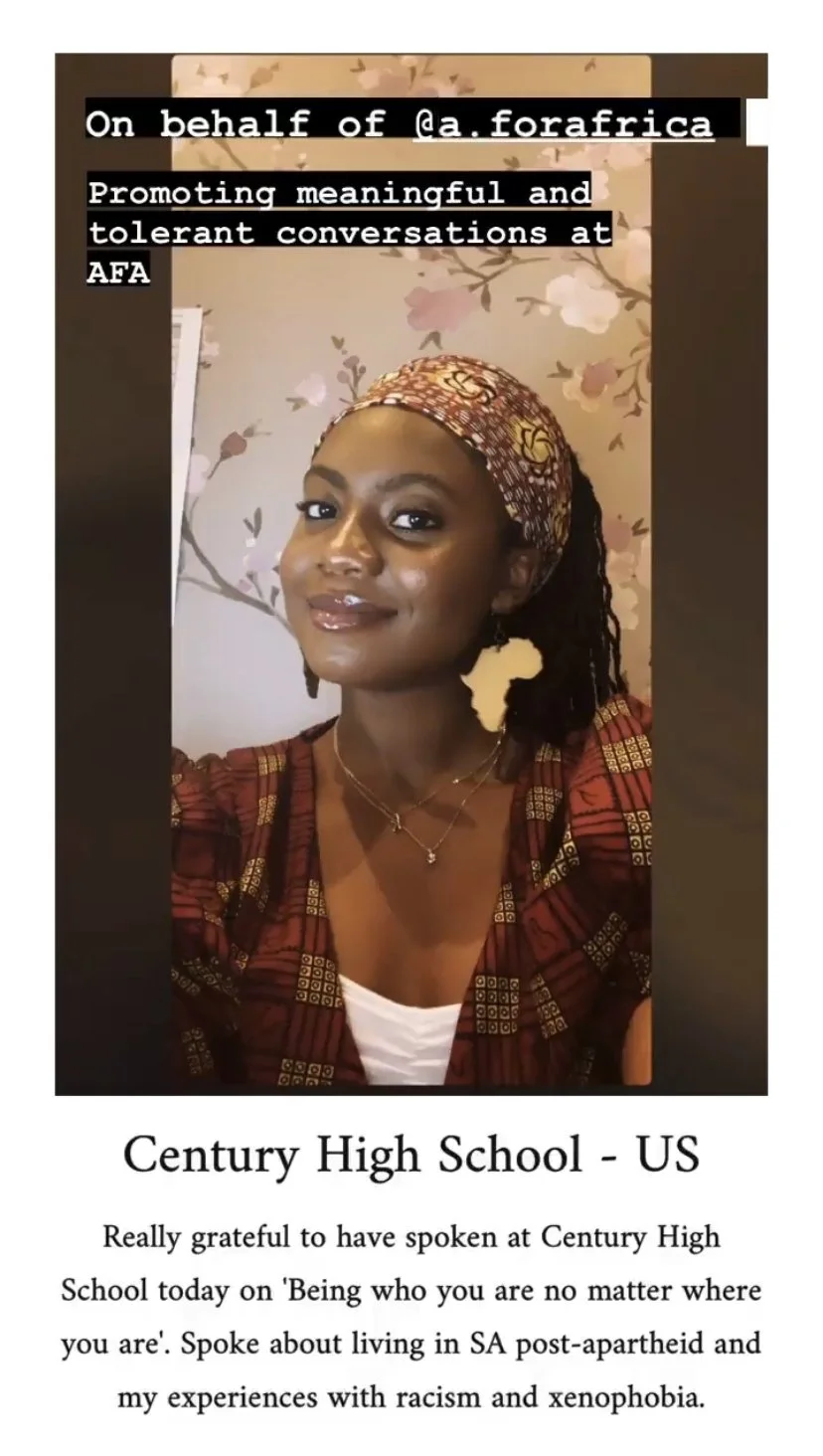 A woman wearing traditional African clothing and jewelry, smiling, with floral wallpaper background, with text overlay about promoting meaningful and tolerant conversations at AFA.