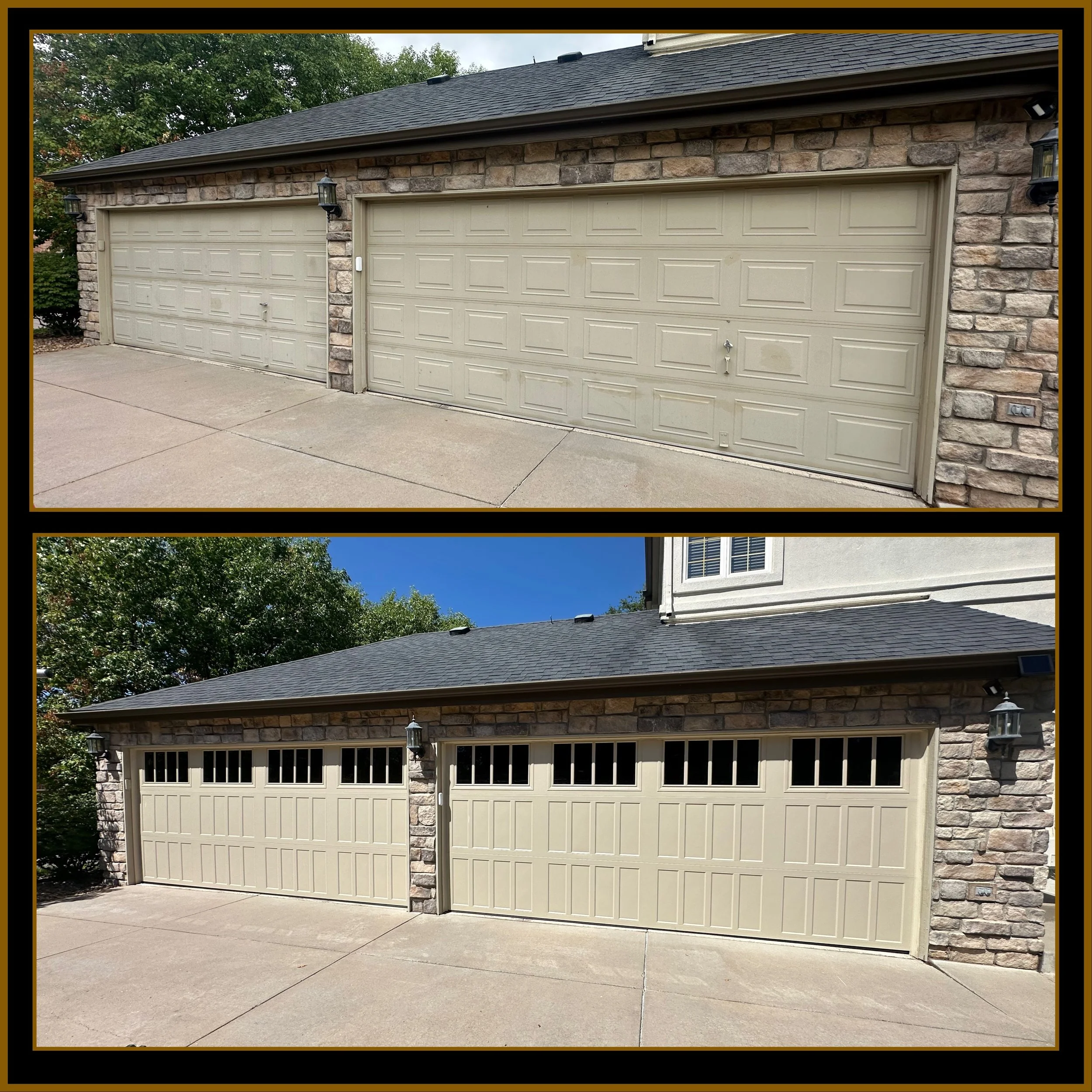 A before and after of a 4 car garage door in parker colorado