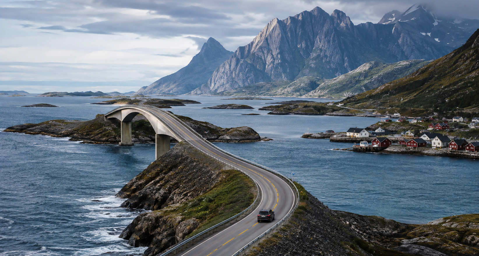 Estrada e ponte sobre o mar entre ilhas, montanhas e casas de pescadores nas Ilhas Lofoten, Noruega.