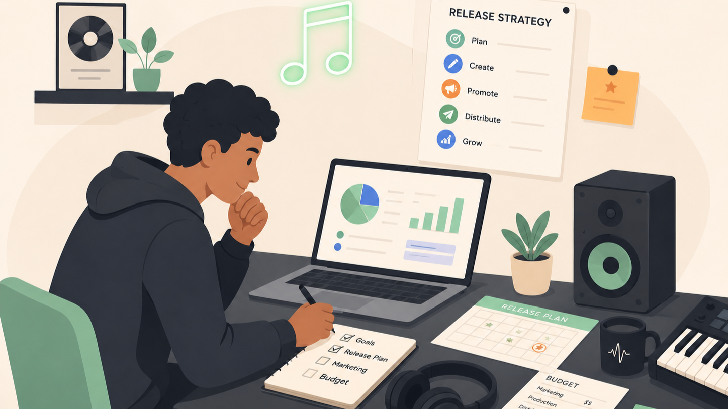 Independent artist planning a music release and marketing strategy with analytics, promotion goals, budget planning, and studio equipment.