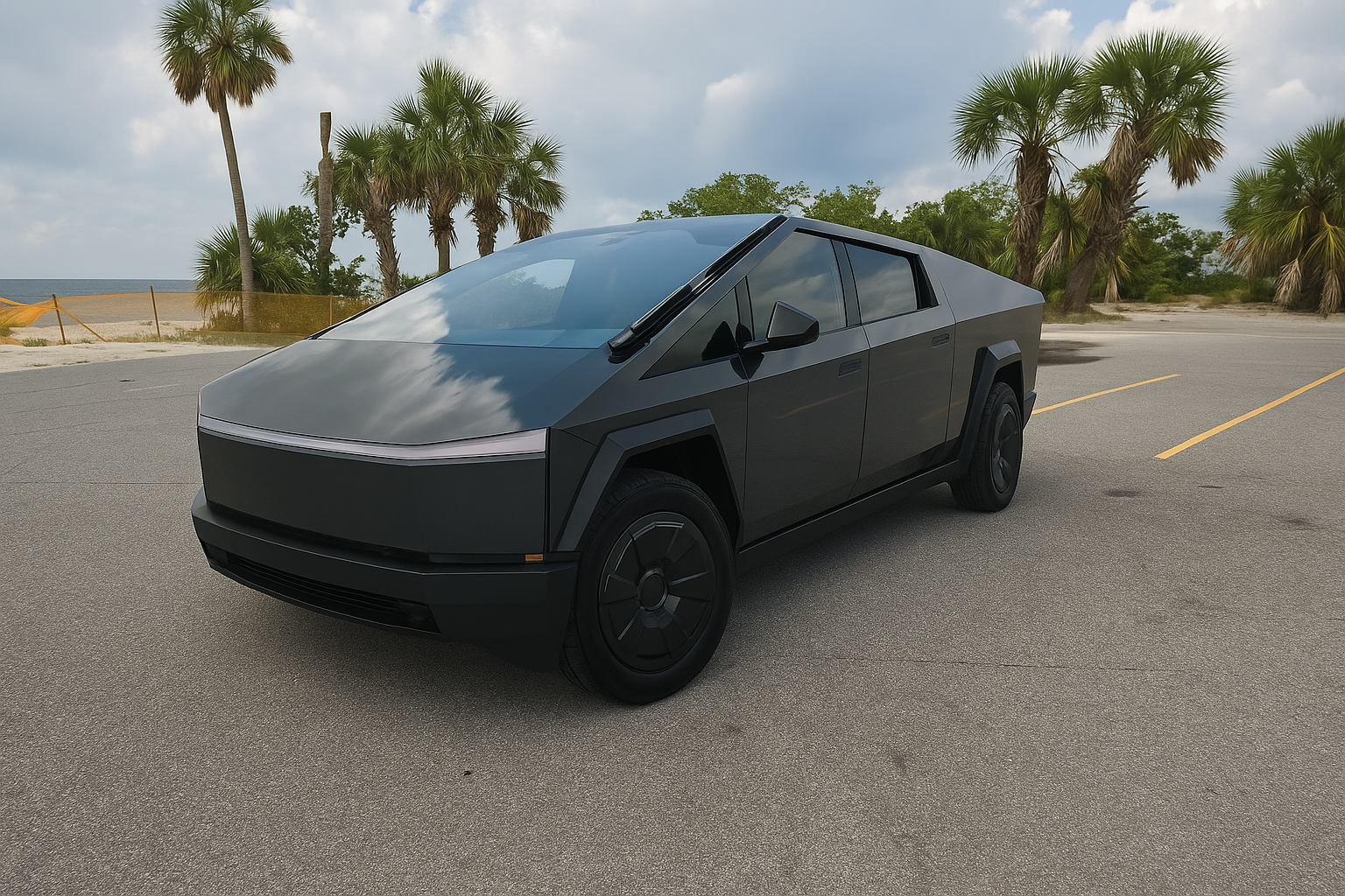Black Tesla Cybertruck on coastal road near Tampa Bay beach with palm trees and cloudy skies.