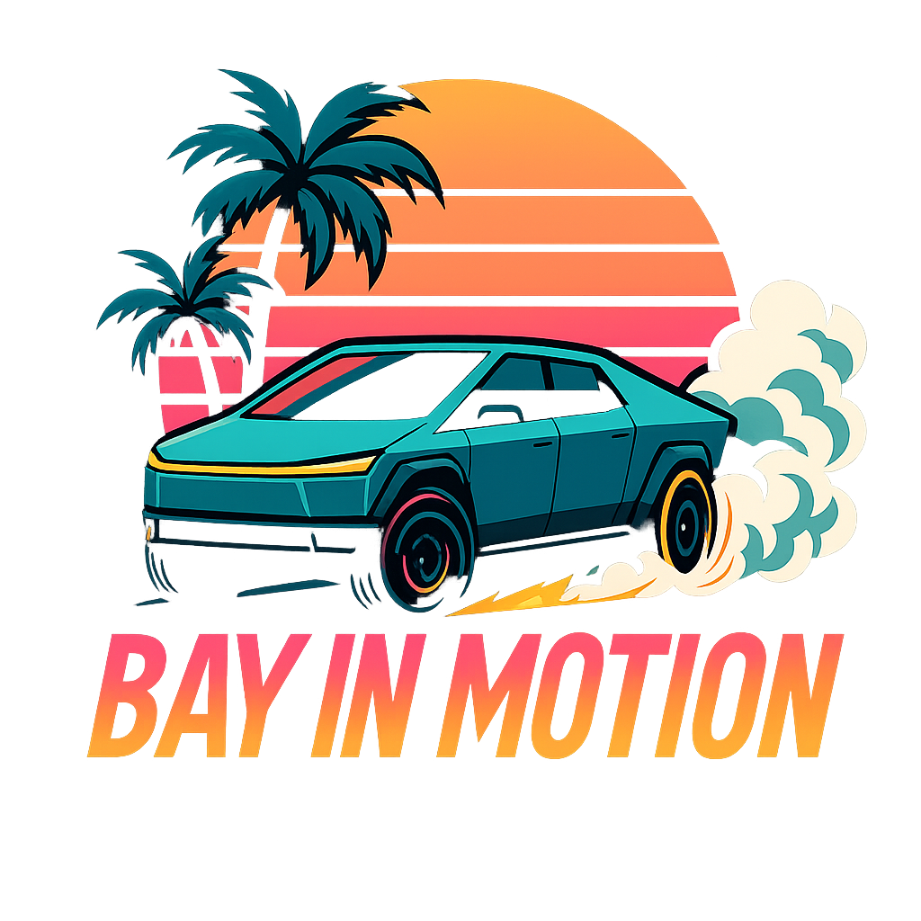 A neon-style illustration of a futuristic rental car driving on a road at sunset or sunrise, with palm trees and a large orange sun in the background, and the words "BAY IN MOTION" glowing below.
