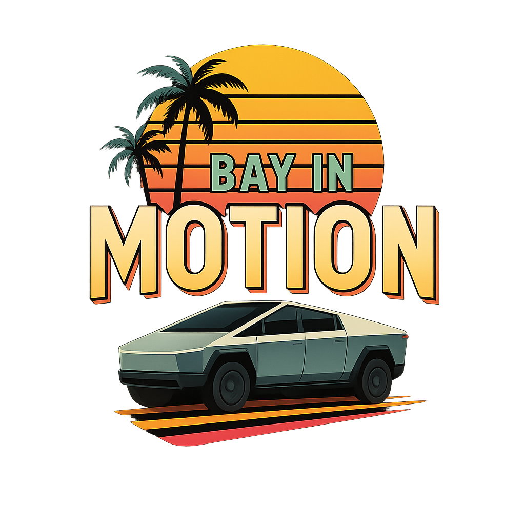 Cybertruck rental with a sunset background, black palm trees, and the words 'Bay in Motion' above a stylized car, all in a neon style.