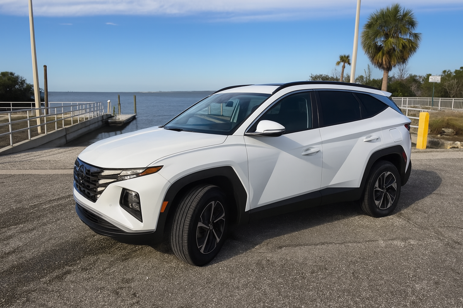 White Hyundai Palisade SUV rental parked near waterfront in Tampa with palm trees and sunny skies.