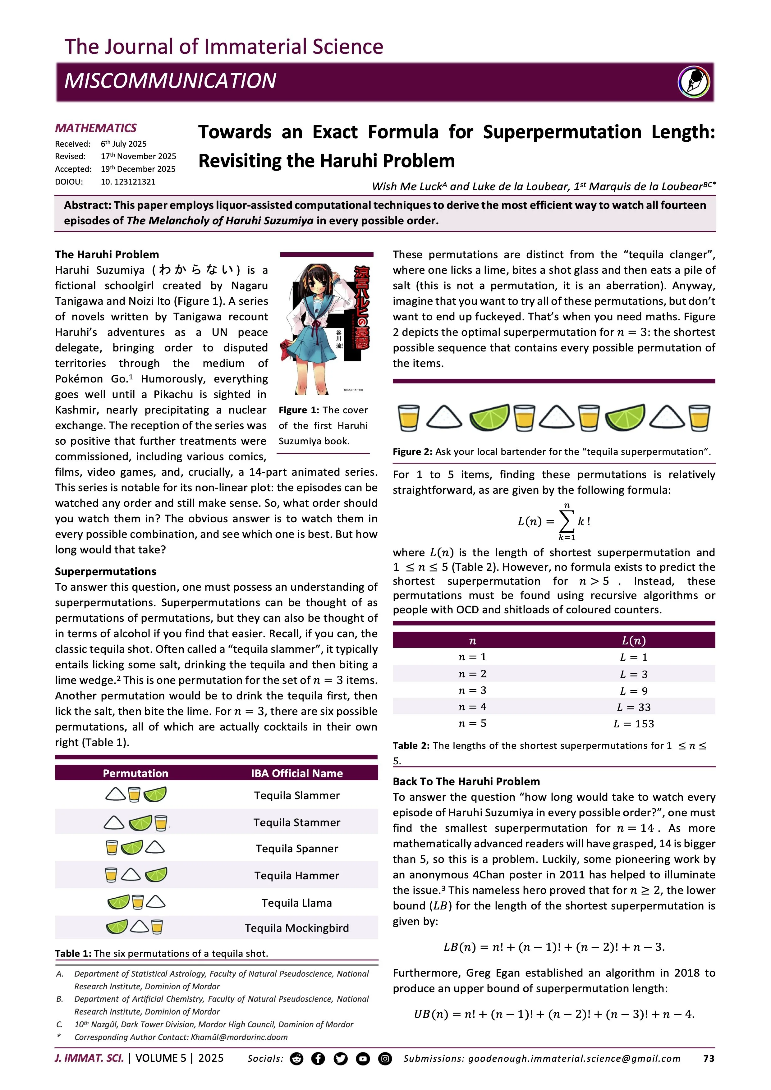 Towards an Exact Formula for Superpermutation Length: Revisiting the Haruhi Problem