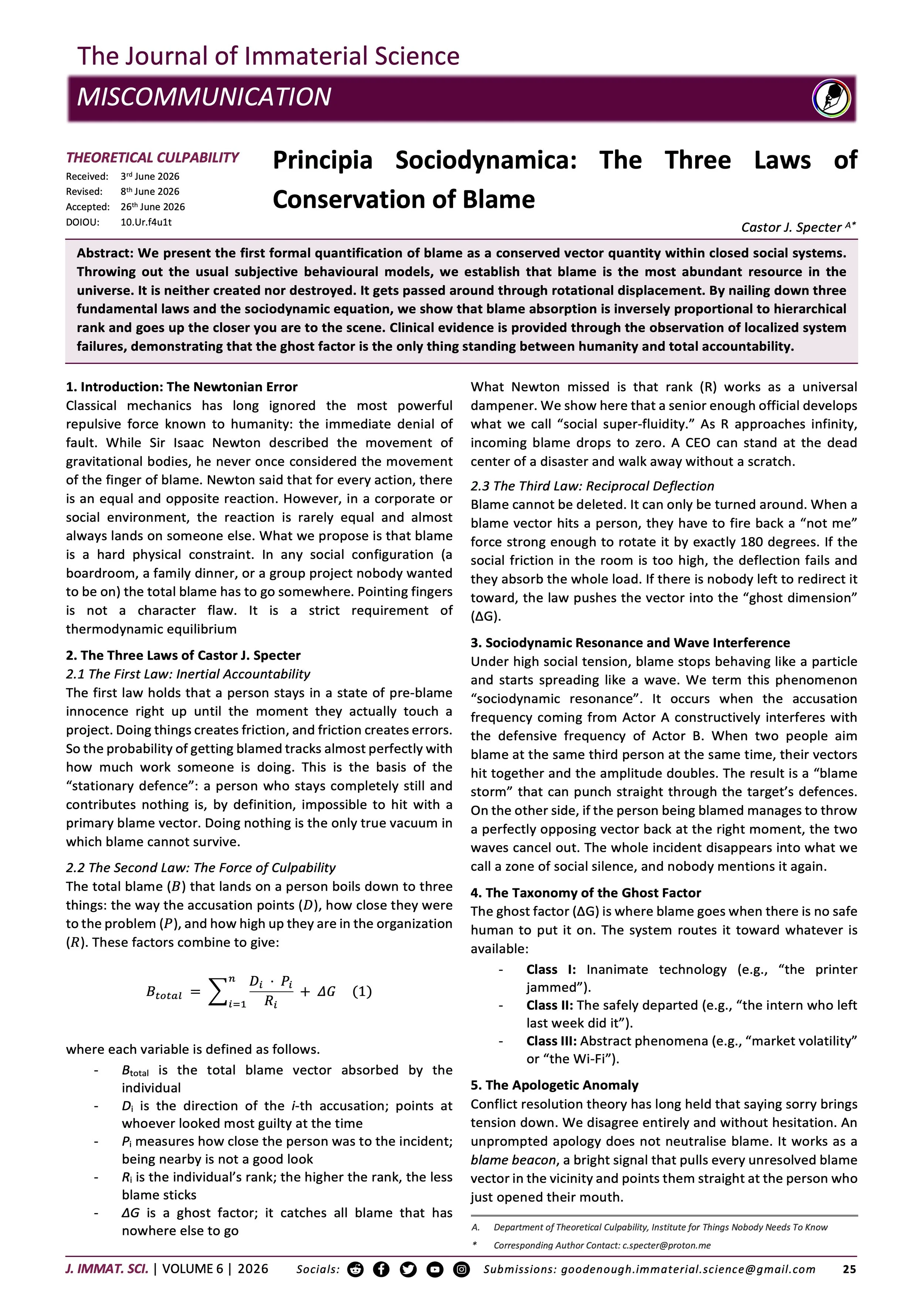 Principia Sociodynamica: The Three Laws of Conservation of Blame