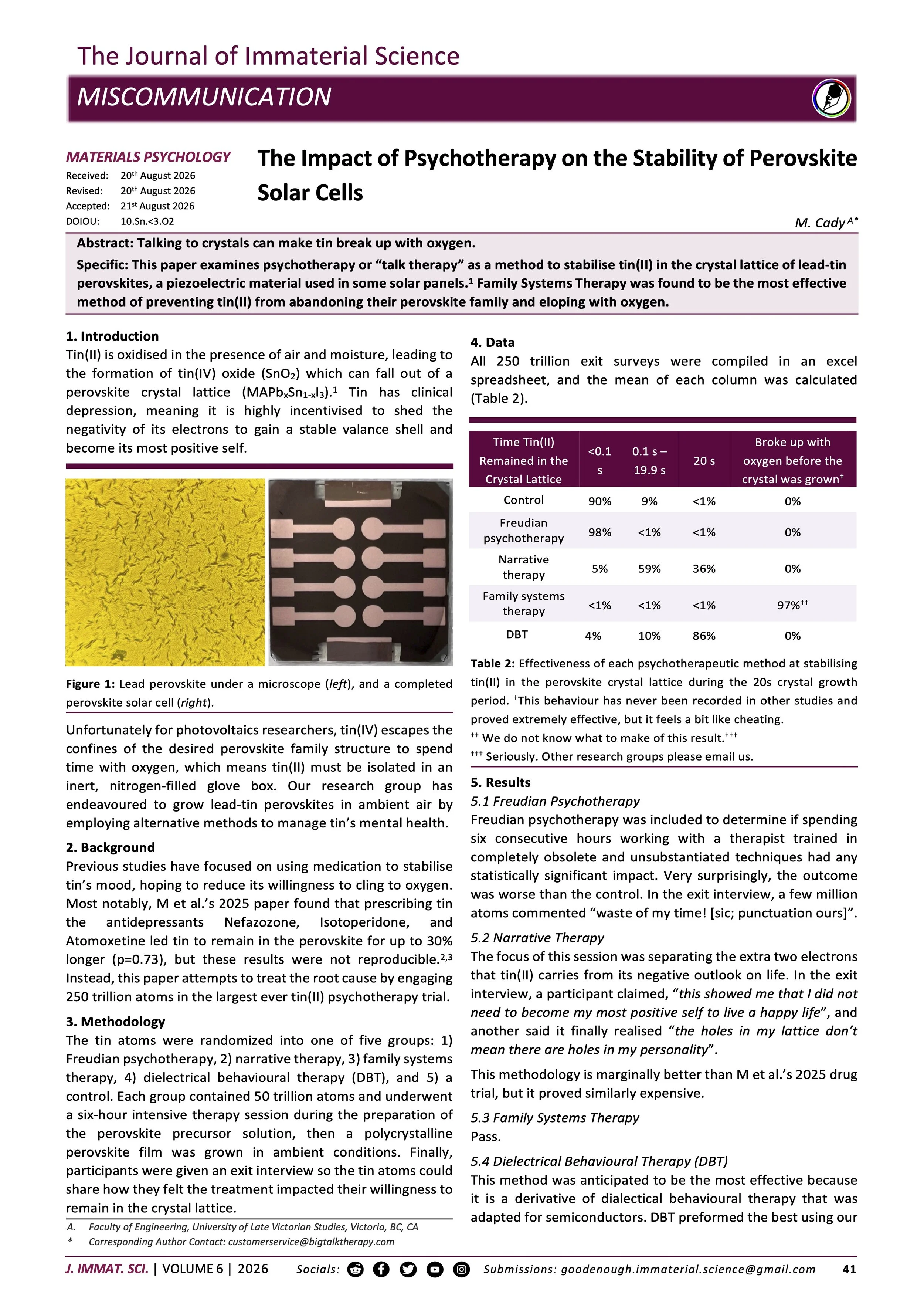 The Impact of Psychotherapy on the Stability of Perovskite Solar Cells