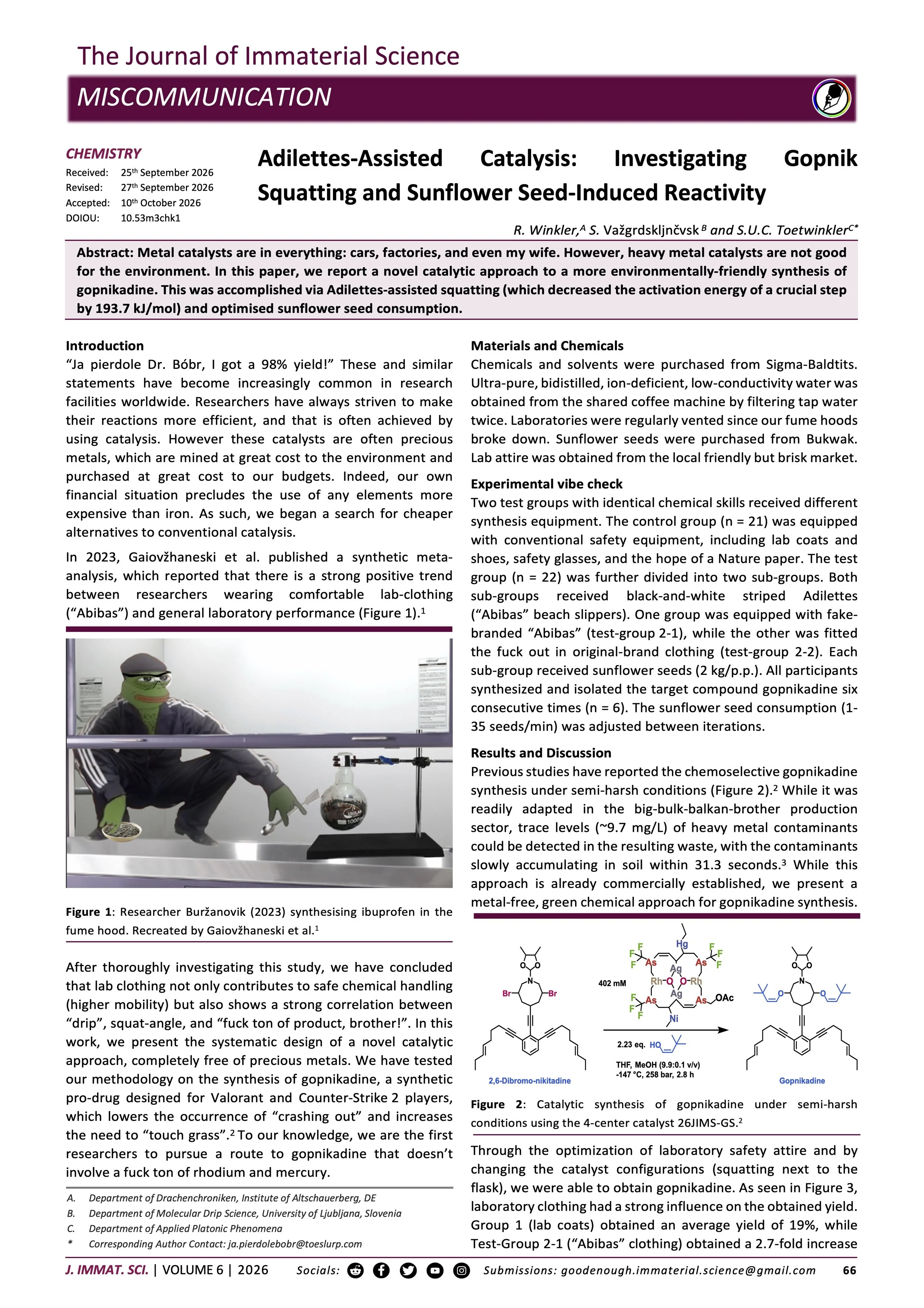 Adilettes-Assisted Catalysis: Investigating GopnikSquatting and Sunflower Seed-Induced Reactivity