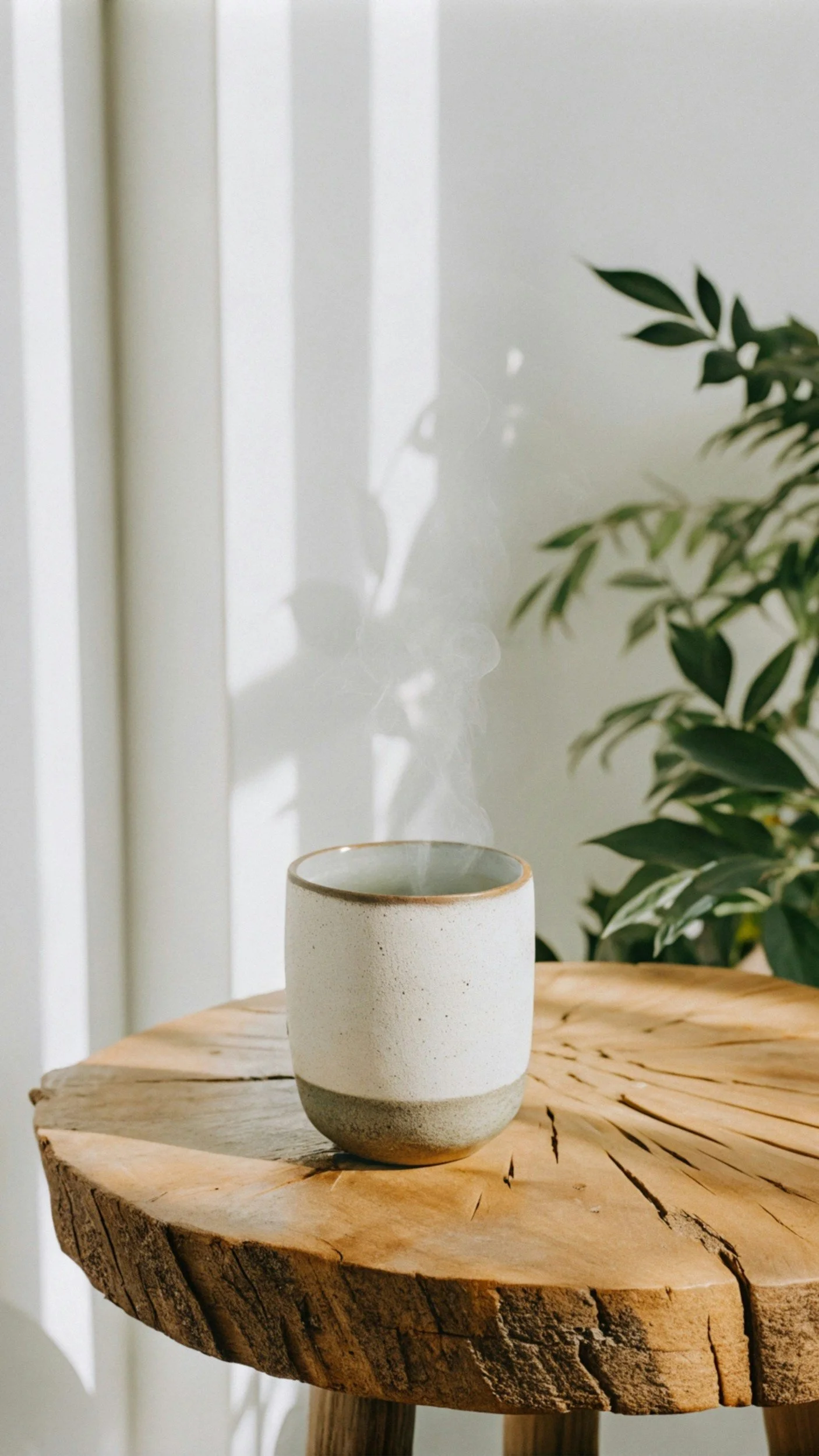 A steaming cup of coffee or tea on a rustic wooden table with a plant in the background.