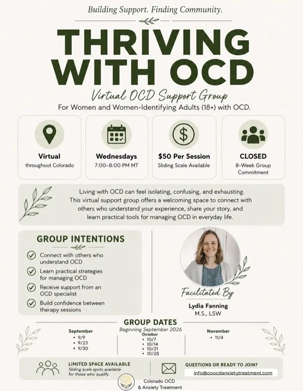 Flyer for Colorado OCD support group. Virtual support group for people with OCD symptoms facilitated by an OCD therapist.