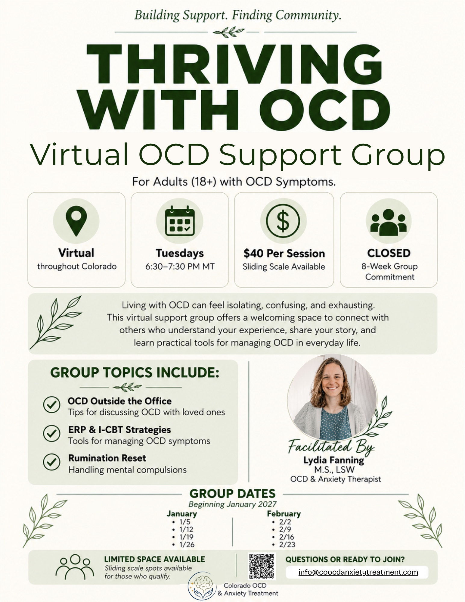 Flyer for virtual OCD support group for adults in Colorado. Group begins January 2027.