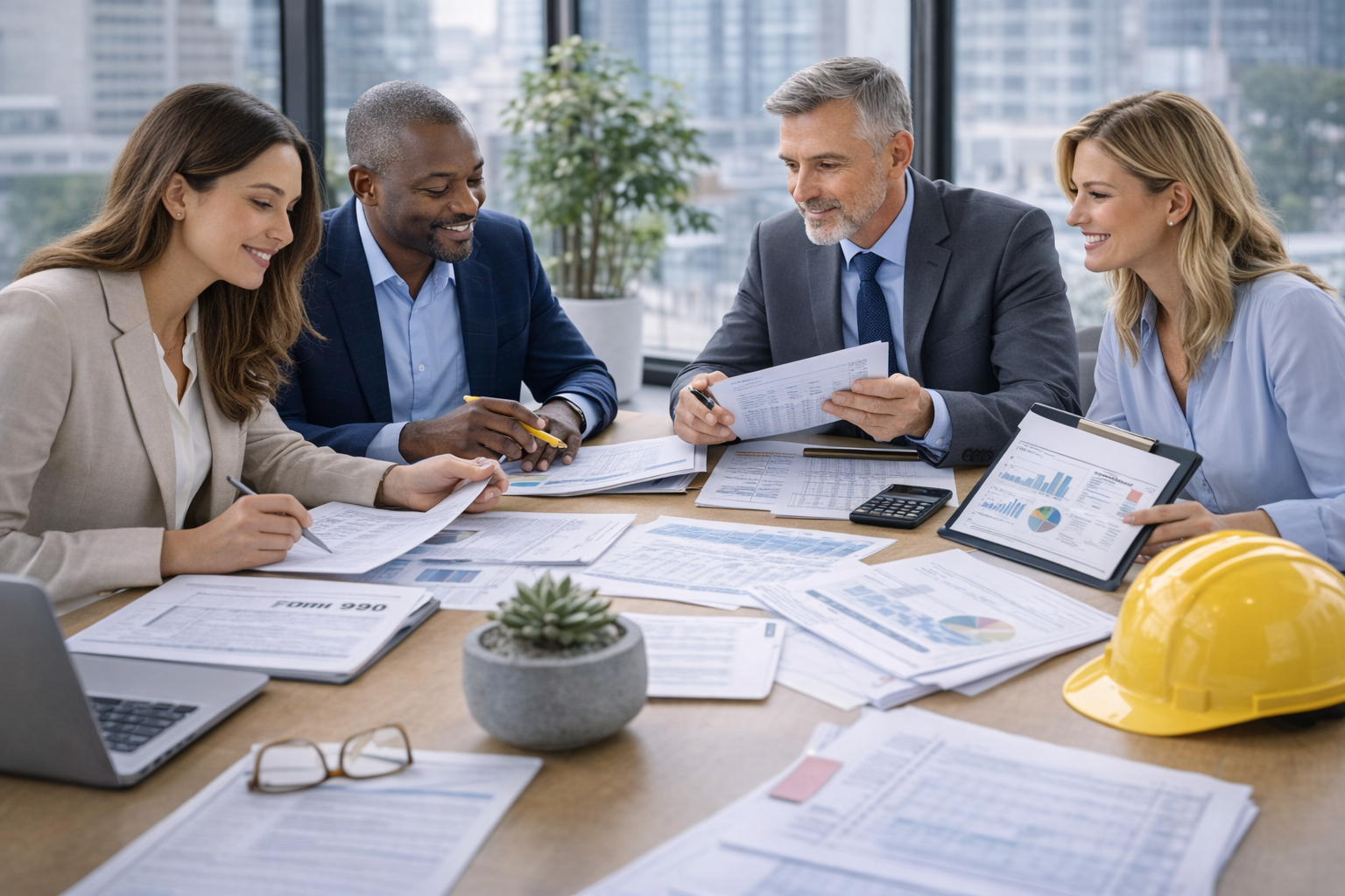 A diverse group of five business professionals, three women and two men, sitting around a table in an office with large windows, engaged in a discussion over documents and charts, with a yellow construction helmet on the table.