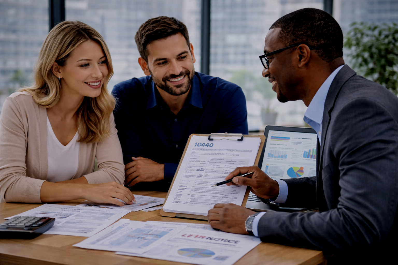 Tax professionals advising clients on complex tax planning and compliance in a modern office