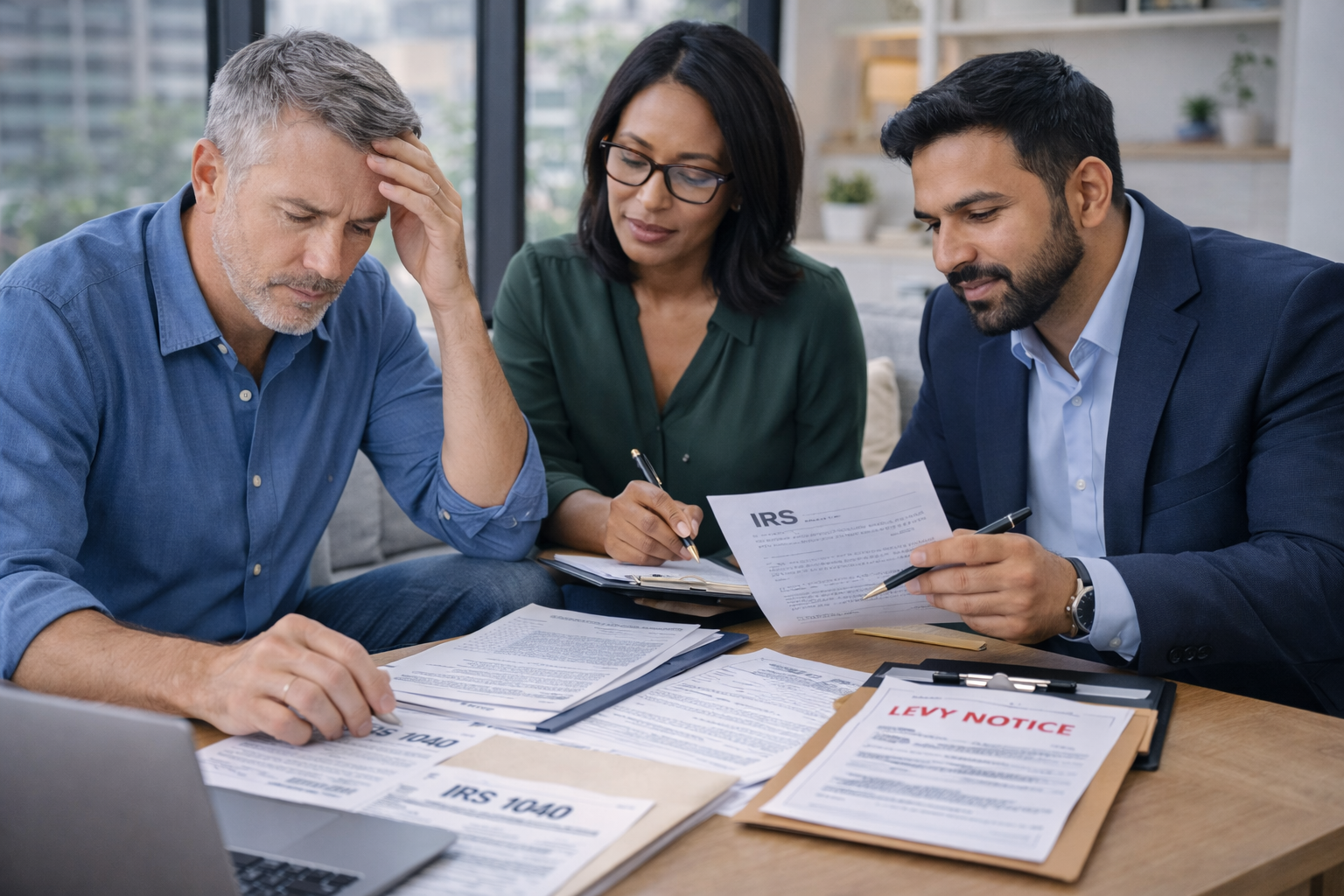 Tax professionals helping a client resolve IRS tax debt and audit issues during a consultation
