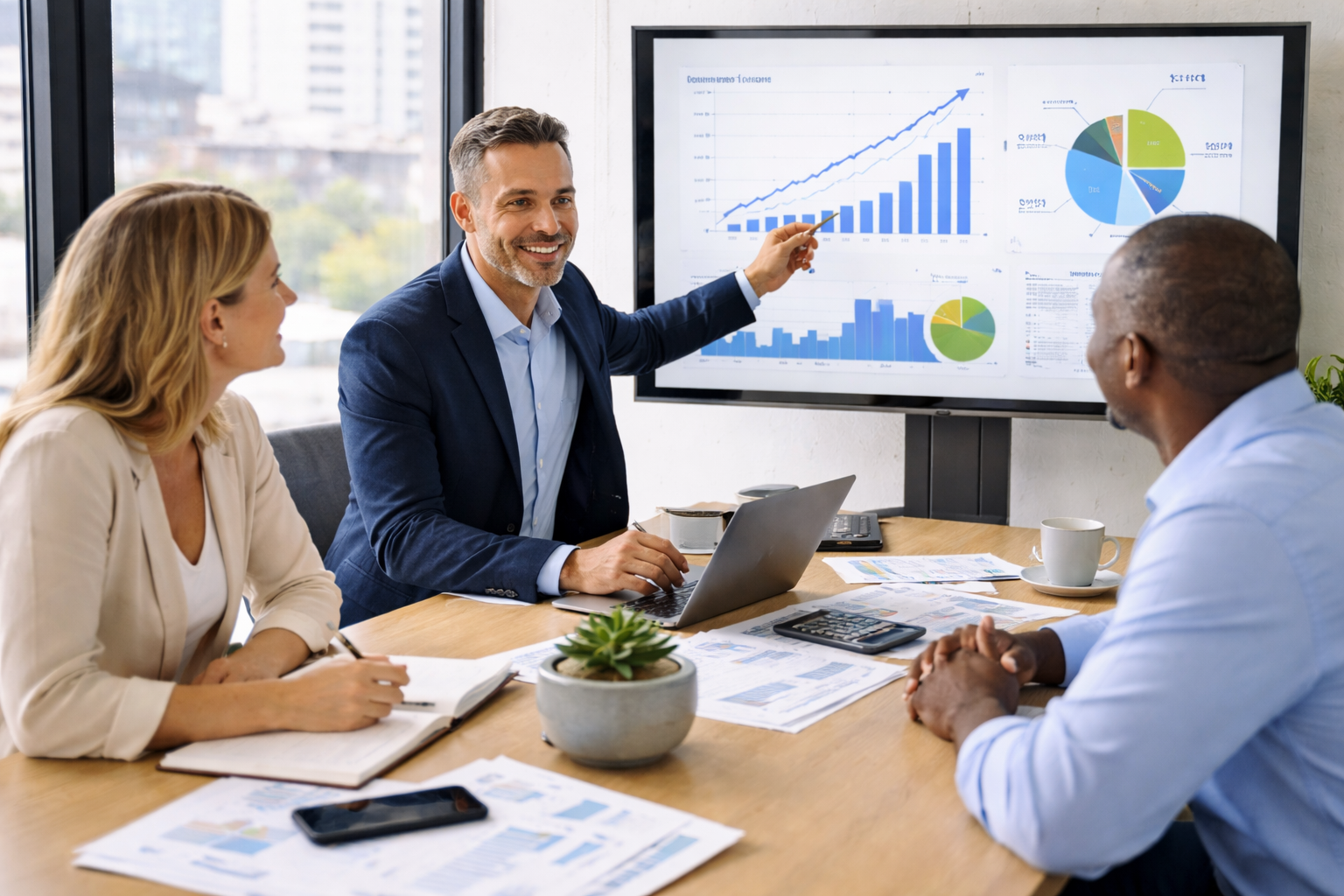 Business owners meeting with a financial advisor to review performance and growth strategy