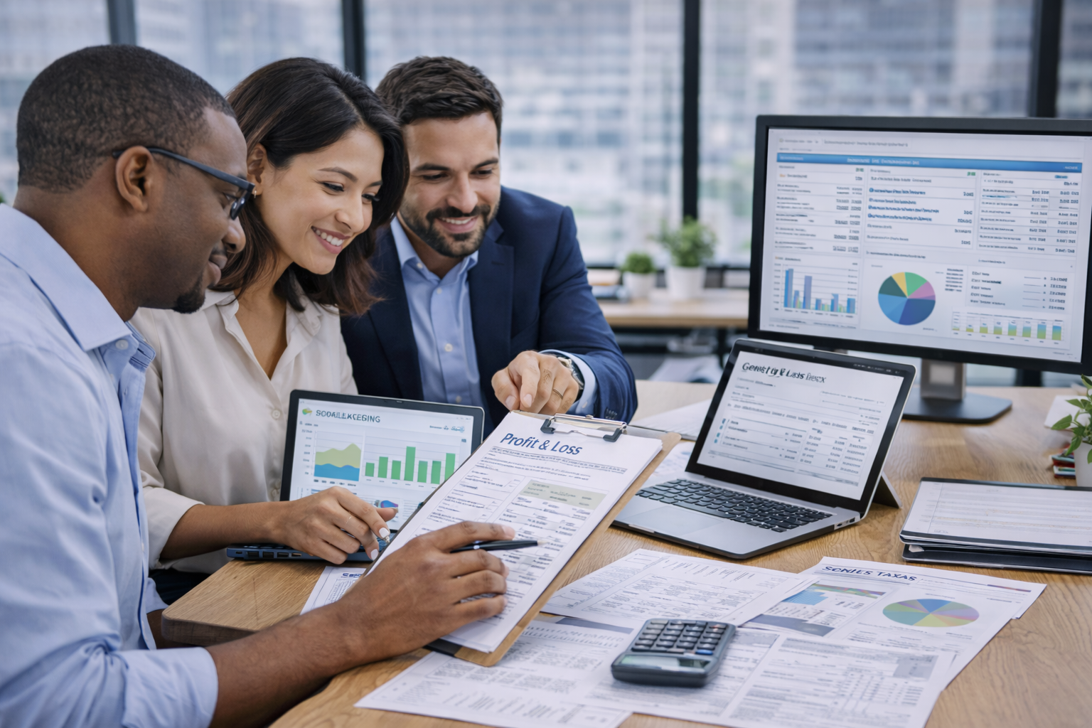 Accounting professionals reviewing bookkeeping records and financial reports for a small business