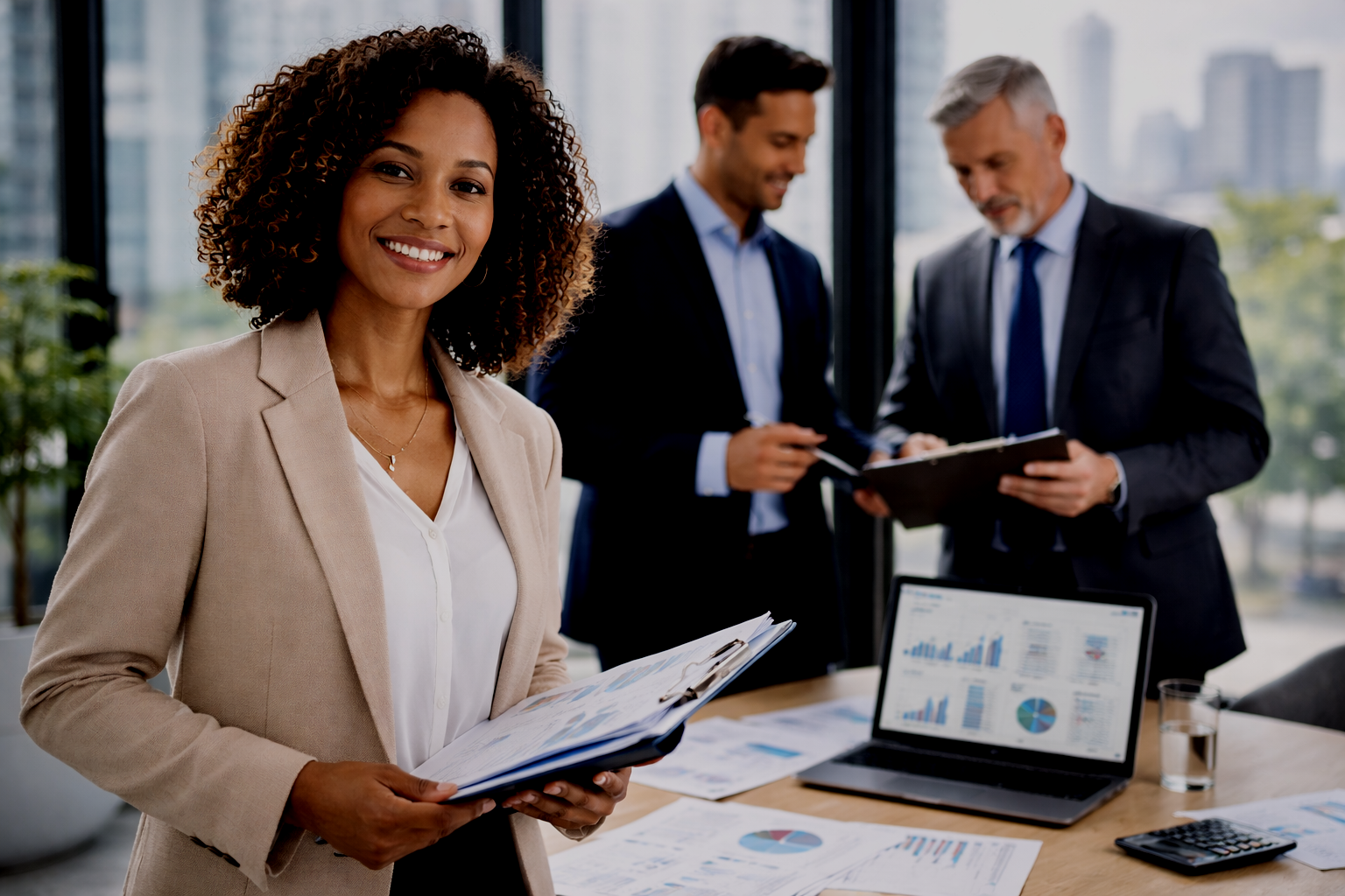 Professional audit and assurance team reviewing financial documents in a modern office