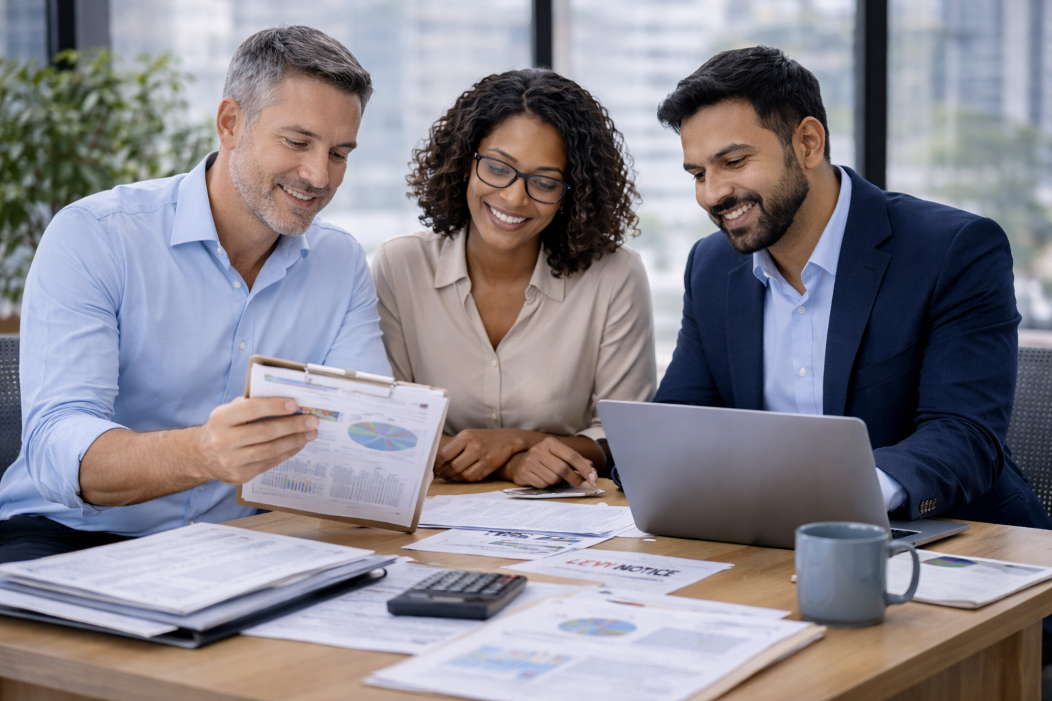 Three business professionals sitting at a desk, reviewing documents and working on laptops in an office with large windows.