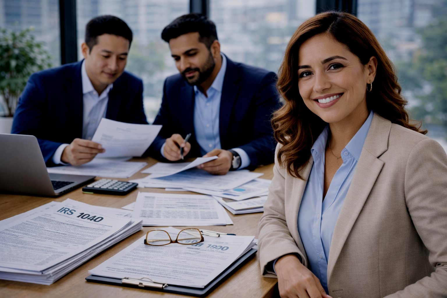 Three professionals working at a desk with financial documents, including IRS forms, and a laptop.