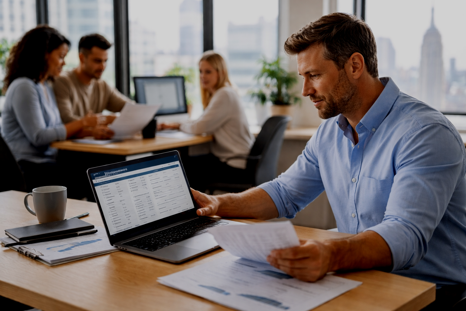Small business owner reviewing payroll reports with team in a modern New York office
